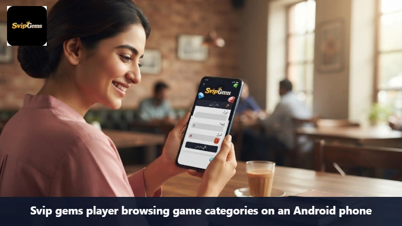 Svip gems player browsing game categories on an Android phone
